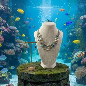 Premier Designs Necklace & Earring Set Turquoise Beaded & w/Brown & White Pearls